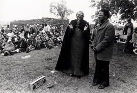 Bishop Tutu speaks at a night vigil on the day of the planned forced resettlement of the Mogopa p...