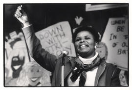 Amanda Kwadi, activist and member of the Women's Federation, addresses a meeting in Johannesburg