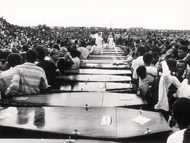 Long row of coffins at the funeral of the victims of the Langa massacre in Uitenhage near Port El...