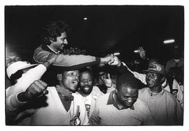 COSATU General-Secretary Jay Naidoo congratulated by supporters following his re-election at the ...