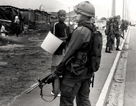 SADF troops seal off the Brown's Farm squatter camp, near Crossroads, in a "routine crime pr...