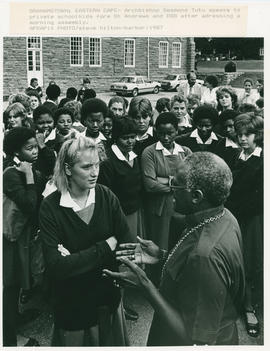 Archbishop Tutu addressing school-children in Grahamstown