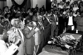 Released ANC leaders address a press conference for the first time in 26 years (Walter Sisulu, Ah...