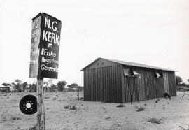 Improvised church buiding in Pachsdraai, after the forced resettlement of the Mogopa to Bophuthat...