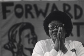 Albertina Sisulu chairs a FEDSAW meeting to announce the launch of a reformed federation