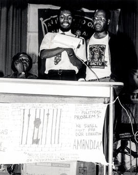 SACTU 30th anniversary meeting in Thembisa - Sidney Mofumadi and Amos Masondo (with SACTU t-shirt...