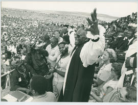 Archbishop Tutu addressing a crowd at a funeral for the Langa Massacre at Uitenhage