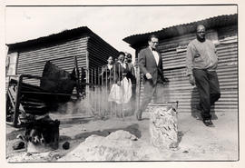 US senator Paul Simon visits a squatter camp in Soweto during a fact-finding mission to South Africa