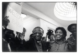 Nobel Peace Prize winner Bishop Desmond Tutu arrives at Khotso House, headquarters of the SACC