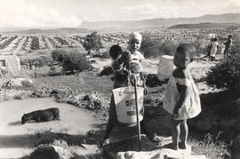 Woman with children at one of the sparse water taps in QwaQwa