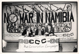 "No war in Namibia" - Sheena Duncan, Pete Harris and Anton Lubowski at a press conferen...