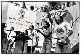 Cheryl Carolus (UDF) leads the singing at a joint SANSCO/NUSAS rally at the University of the Wes...