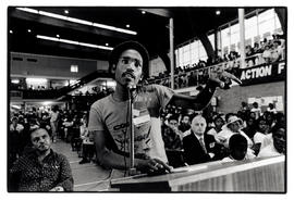 A delegate addresses the Conference for a Democratic Future at Wits University