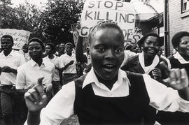 Black students leading a demonstration in Lamontville township in Durban against the SADF-raids o...