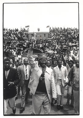 Gatsha Buthelezi at an Inkatha rally in Soweto