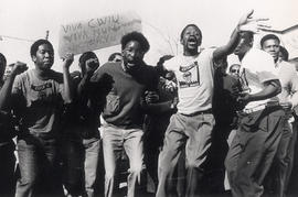 Solidarity action of CWIU members at the platinum factory near Johannesburg, in support of the mi...