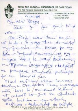 Archbishop Desmond M Tutu: Letter to B Pogrund
