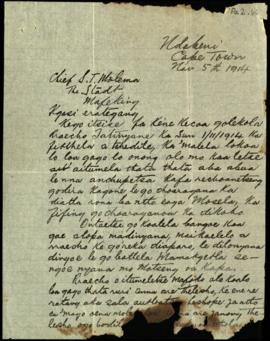 Letter addressed "Chief Silas Molema"