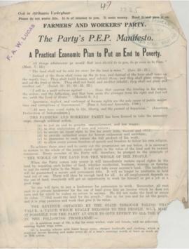 Farmers and Workers' Party Manifesto'; F.A.W. Lucas's campaign manifesto