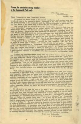 Printed matter addressed to "Private, for circulation among members of the Communist Party o...