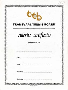 Transvaal Tennis Board Blank Certificate of Merrit issued for the Tennis Tournament