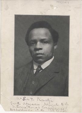 Copy of above portrait used for his lecture series with inscription in Plaatje's hand "Mr So...