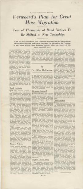 Newspaper articles relating the Western Areas Removals
