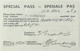 Special Pass slip issued to T. Maseko, granting permission to proceed to Johannesburg and return ...
