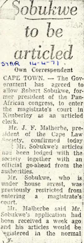 Rand Daily Mail: The Star: Sobukwe to be articled