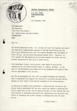 UDF Letter to USA Consulate re repression in Ciskei