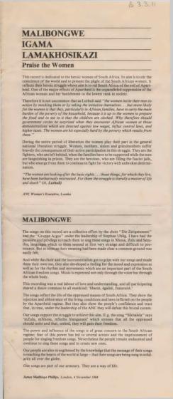 Malibongwe, collection of songs, brochure with texts