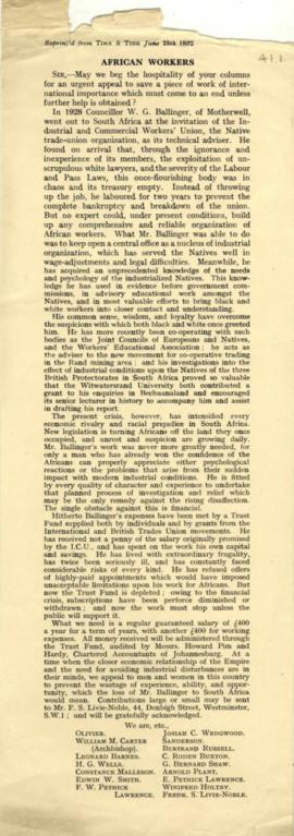 Printed column with the appeal by a concerned group, printed in a British newspaper, begging to d...