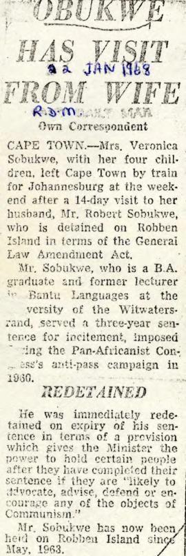 Rand Daily Mail: Sobukwe has visit from wife