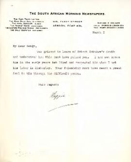 Letter of condolence to Pogrund from 'Maggie', South African Morning Newspapers