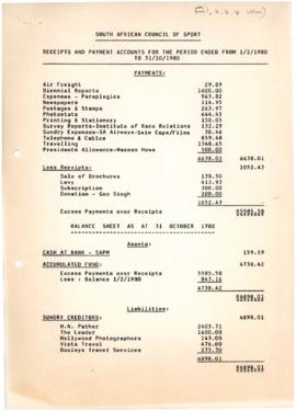South African Council of Sport: Receipts and Payment accounts for the period ended from 1-2-1980 ...