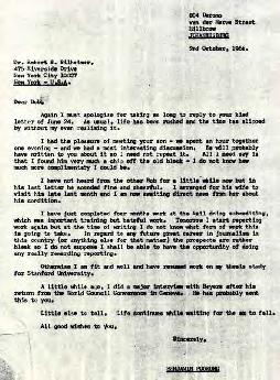 Benjamin Pogrund: Letter to Dr Robert S. Bilheimer, New York