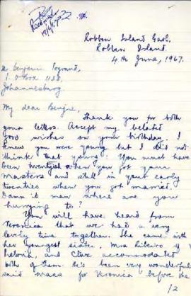 Robert Sobukwe: Letter to B Pogrund from Robben Island