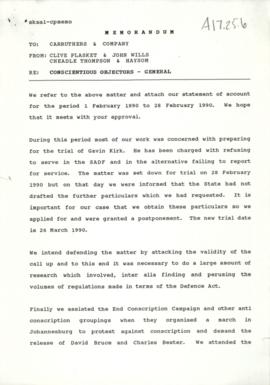 Memorandum regarding conscientious objectors, to Carruthers and company, from C. Plasket