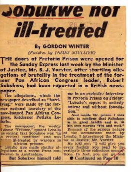 Gordon Winter: Sunday Express: Sobukwe not ill-treated
