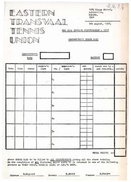 Competitor's Score Card of the Eastern Transvaal Tennis Union for the Jaga Singles Championship, ...