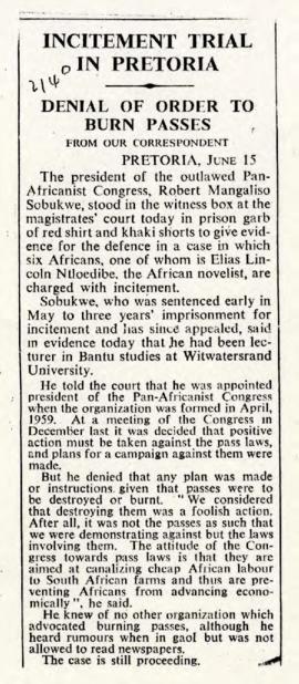 The Times, London: The Times: Incitement trial in Pretoria, Denial of order to burn passes