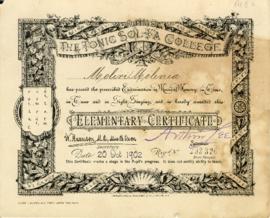 1902 October 20. Elementary certificate of the Tonic Sol-fa College