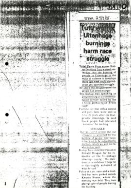 Press Cutting, Star, (29/3/1985): Tutu warns: Uitenhage burnings harm race struggle