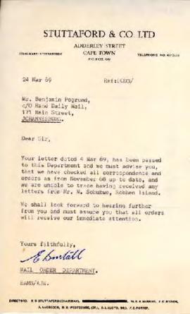 Mail Order Department, Stuttaford and Co Ltd: Letter to B Pogrund