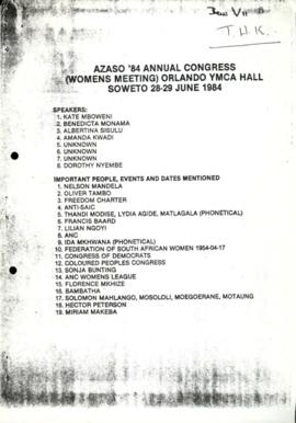 AZAS0 1984 Annual Congress, Womens Meeting, Soweto, June 28-29, 1984. Speakers: B Monama, Alberti...