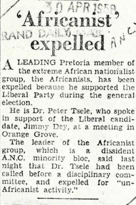 Rand Daily Mail: 'Africanist' expelled