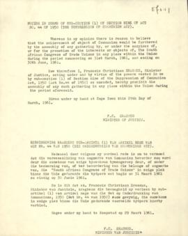 Suppression of Communism Act: notice in terms of sub-section 1) of section 9 of Act of 1950, proh...