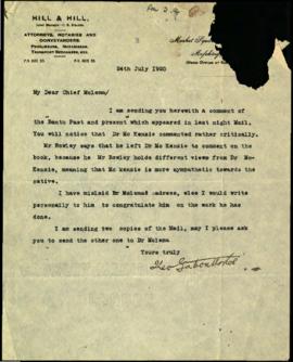Letter addressed "My Dear Chief Molema"