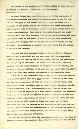 Letter of the Workers' Party of South Africa to Comrade L.D. Trotsky