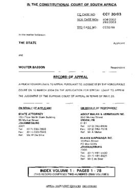 The State Vs. Wouter Basson Record of Appeal In the Constitutional Court of South Africa